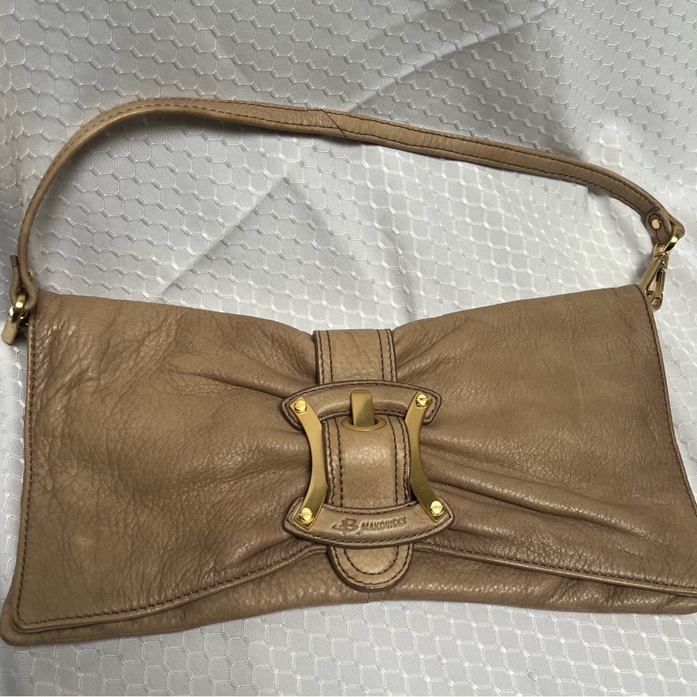 B. Makowsky Tan Leather Clutch with Gold Buckle